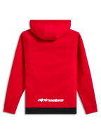 Sweat à capuche Alpinestars Parallel, streetwear décontracté, rouge avec ourlet côtelé noir, logo Alpinestars blanc en bas du dos, modèle à enfiler avec capuche, vue de dos