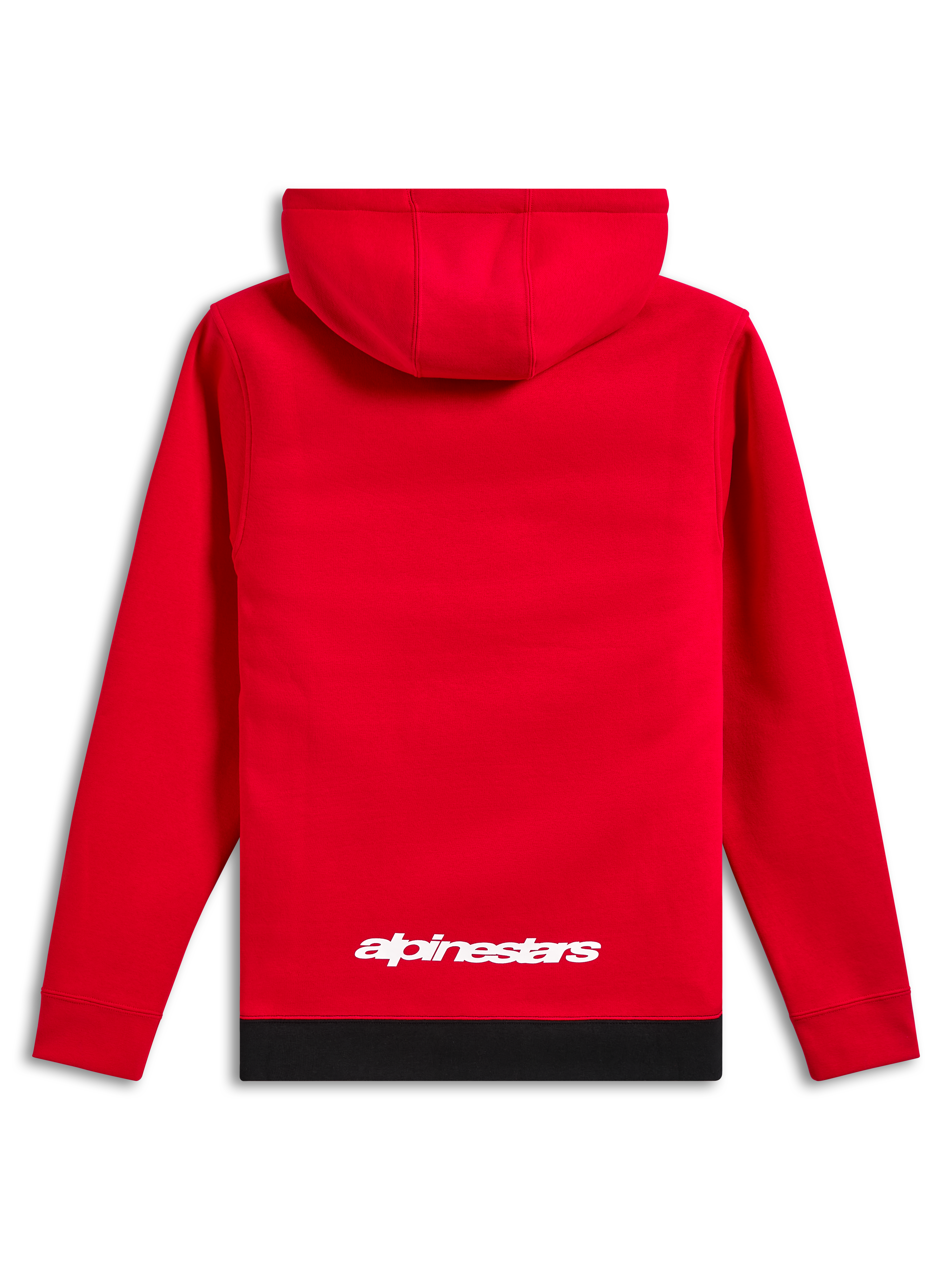 Sweat à capuche Alpinestars Parallel, streetwear décontracté, rouge avec ourlet côtelé noir, logo Alpinestars blanc en bas du dos, modèle à enfiler avec capuche, vue de dos