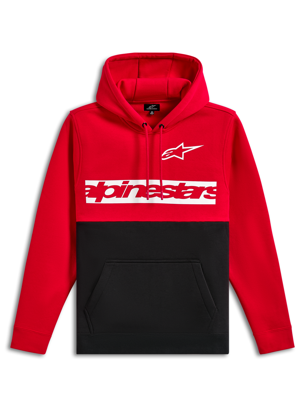 Sweat à capuche Parallel Alpinestars, polaire à enfiler, design à blocs de couleurs rouge et noir, logo Astars blanc et logo Alpinestars rouge sur une bande blanche sur la poitrine, capuche avec cordon de serrage, poche kangourou, streetwear décontracté