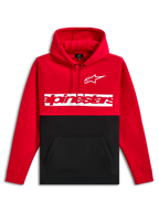 Sweat à capuche Parallel Alpinestars, polaire à enfiler, design à blocs de couleurs rouge et noir, logo Astars blanc et logo Alpinestars rouge sur une bande blanche sur la poitrine, capuche avec cordon de serrage, poche kangourou, streetwear décontracté