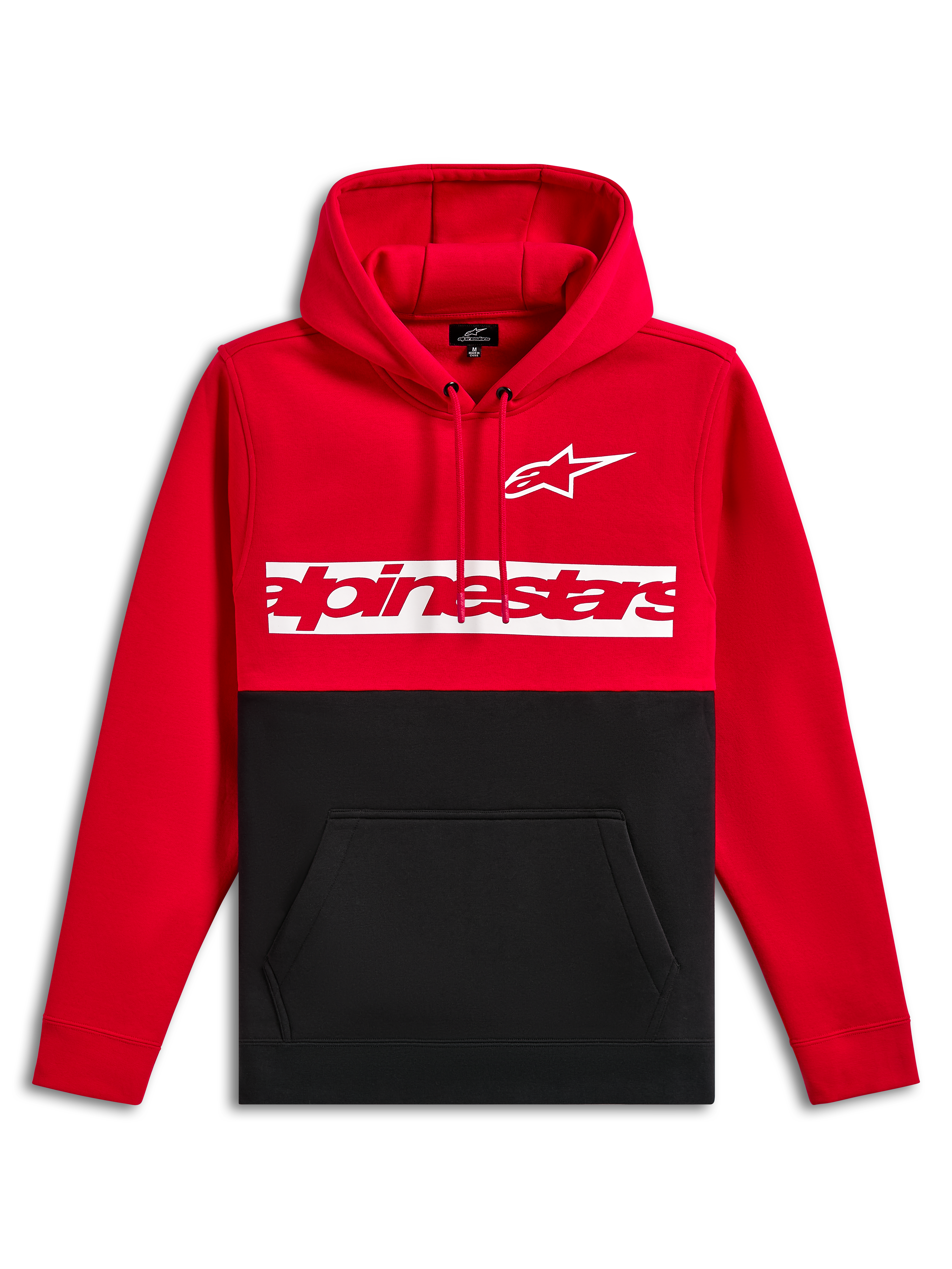 Sweat à capuche Parallel Alpinestars, polaire à enfiler, design à blocs de couleurs rouge et noir, logo Astars blanc et logo Alpinestars rouge sur une bande blanche sur la poitrine, capuche avec cordon de serrage, poche kangourou, streetwear décontracté