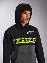 Sweat à capuche Alpinestars Parallel, streetwear décontracté à blocs de couleurs, haut noir et bas gris anthracite, bande jaune fluo sur la poitrine avec logo Alpinestars noir, logo Astars blanc, sweat à capuche avec cordon de serrage