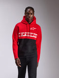 Sweat à capuche Alpinestars Parallel, style streetwear décontracté, blocs de couleurs rouge et noir, grand logo Alpinestars Word et logo Astars blancs sur la poitrine, capuche avec cordon de serrage, poche kangourou à l'avant, design inspiré du sport automobile