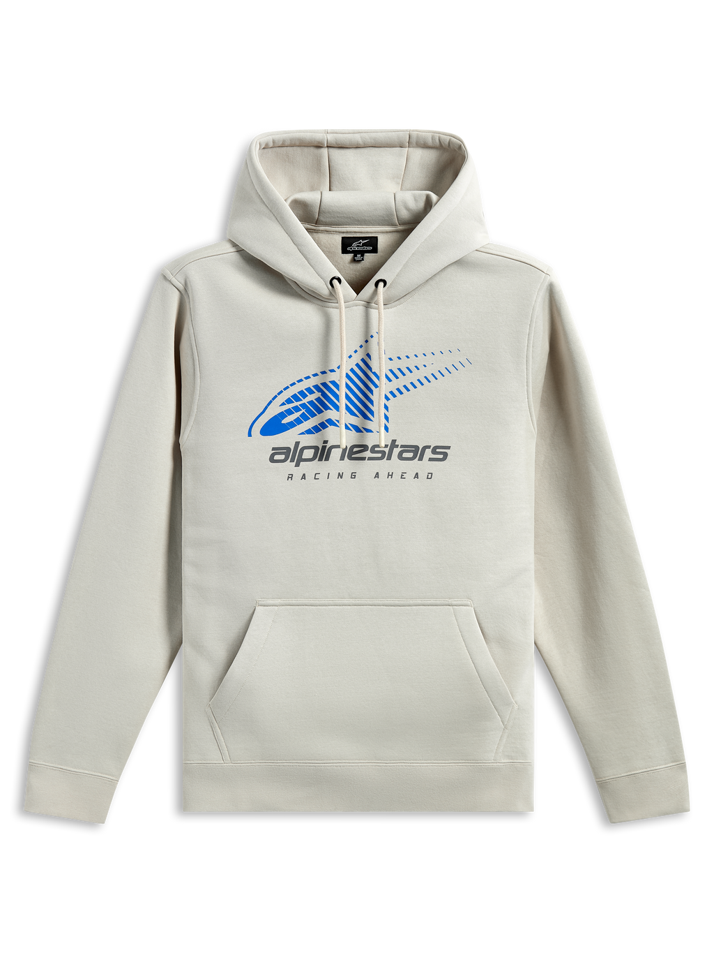 Sweat à capuche Alpinestars Pulse, streetwear décontracté, blanc cassé avec logo Astars bleu et marquage gris, poche kangourou à l'avant, capuche à cordon de serrage, manches longues, design moderne inspiré du sport automobile