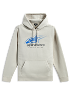 Sweat à capuche Alpinestars Pulse, streetwear décontracté, blanc cassé avec logo Astars bleu et marquage gris, poche kangourou à l'avant, capuche à cordon de serrage, manches longues, design moderne inspiré du sport automobile