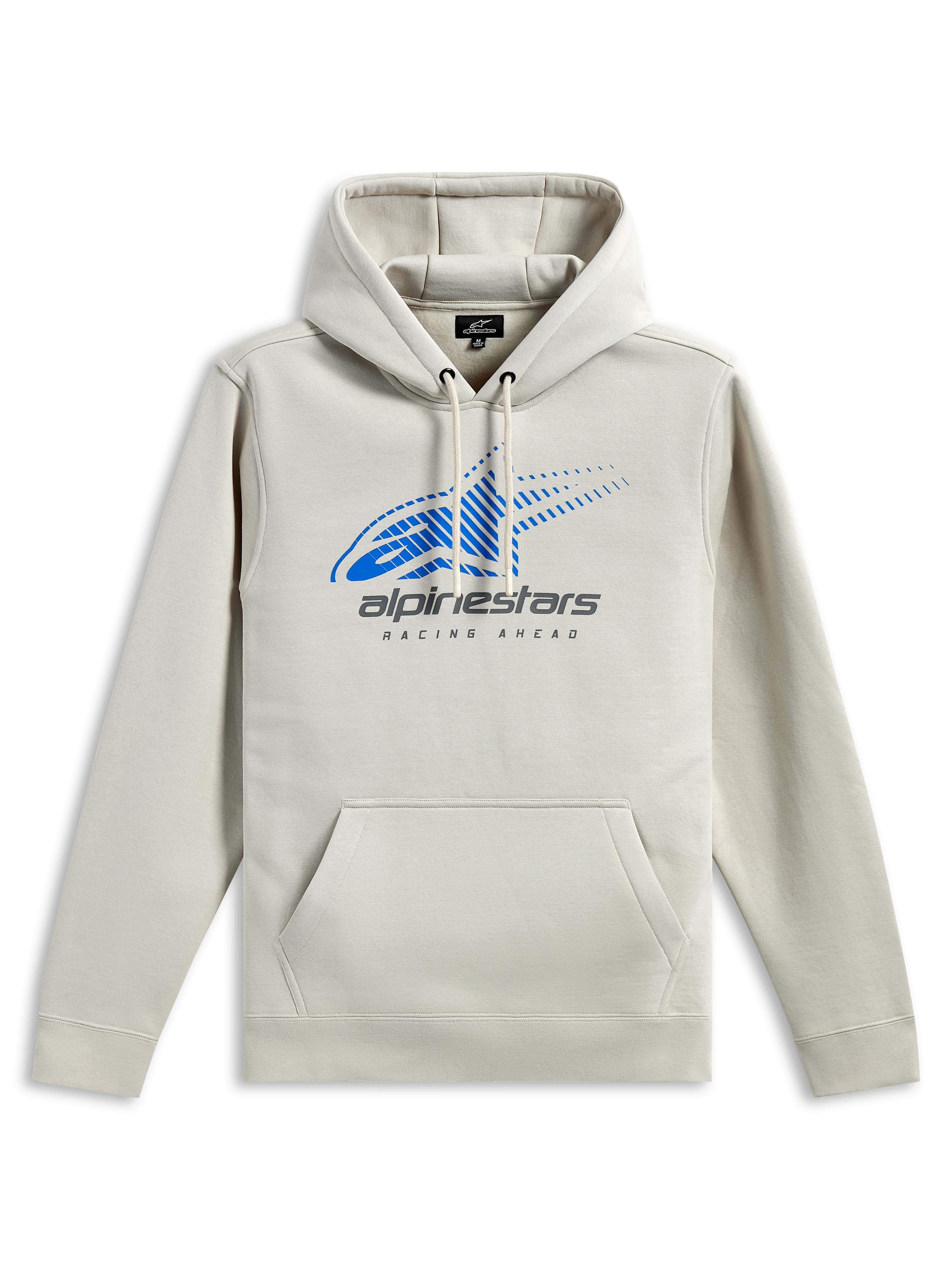 Sweat à capuche Alpinestars Pulse, streetwear décontracté, blanc cassé avec logo Astars bleu et marquage gris, poche kangourou à l'avant, capuche à cordon de serrage, manches longues, design moderne inspiré du sport automobile