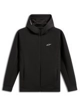 Alpinestars Cypher Hoodie, noir, polaire double face avec fermeture éclair sur le devant, capuche à col montant avec doublure en mesh et logo Alpinestars, petit logo Astars blanc sur la poitrine, poches sur les coutures, streetwear décontracté inspiré du sport automobile