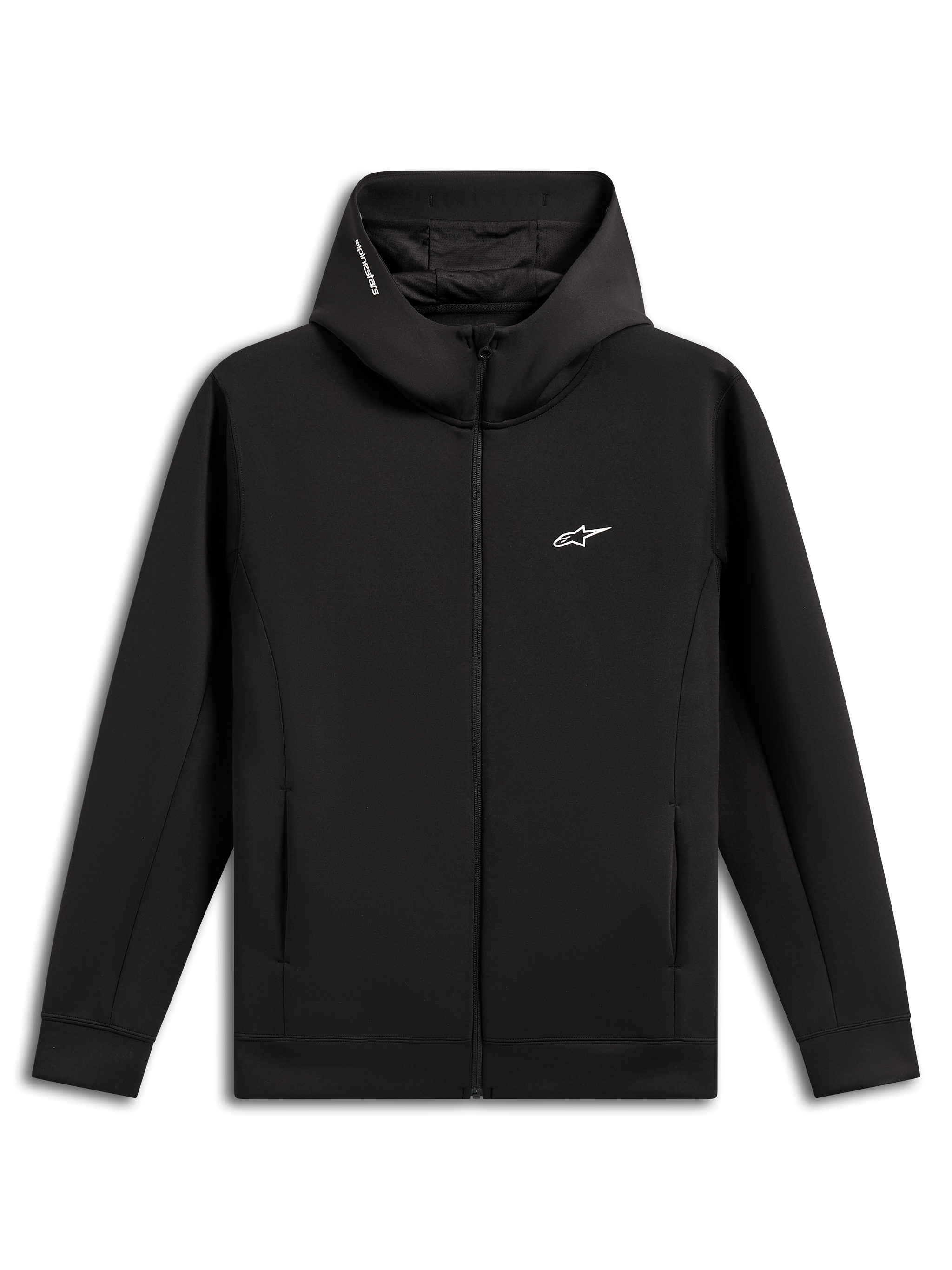 Alpinestars Cypher Hoodie, noir, polaire double face avec fermeture éclair sur le devant, capuche à col montant avec doublure en mesh et logo Alpinestars, petit logo Astars blanc sur la poitrine, poches sur les coutures, streetwear décontracté inspiré du sport automobile