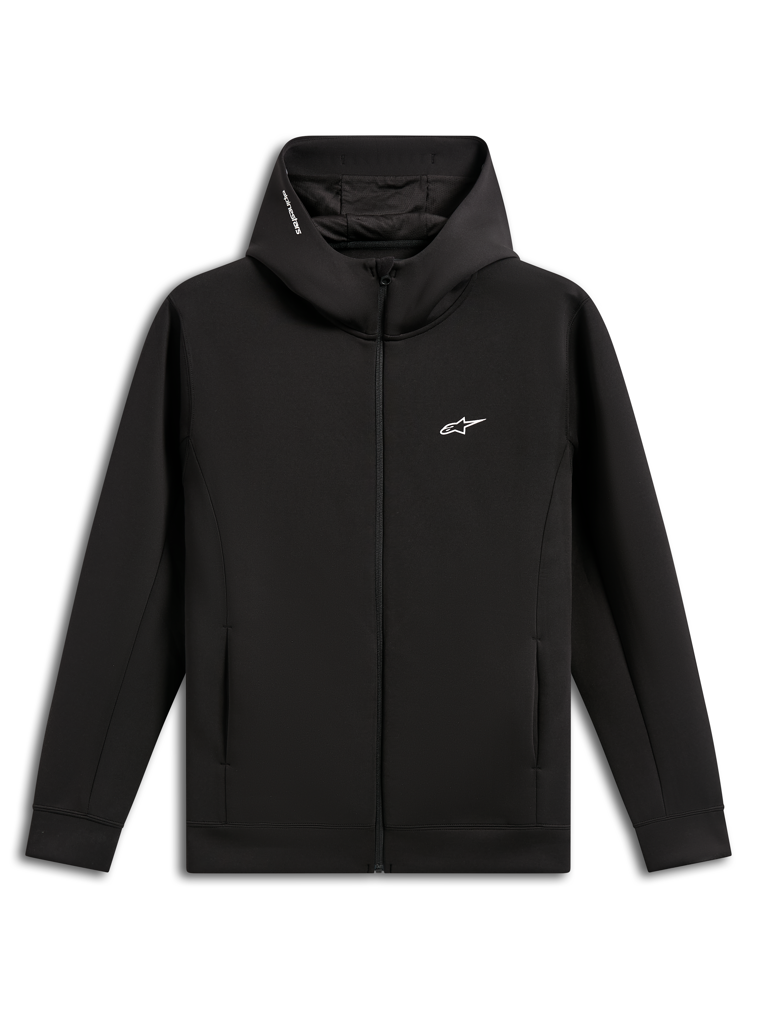 Alpinestars Cypher Hoodie, Black, zip-front double face fleece, high neck hood with mesh lining and Alpinestars word logo, small white Astars logo on chest, on-seam pockets, casual motorsport-inspired streetwear