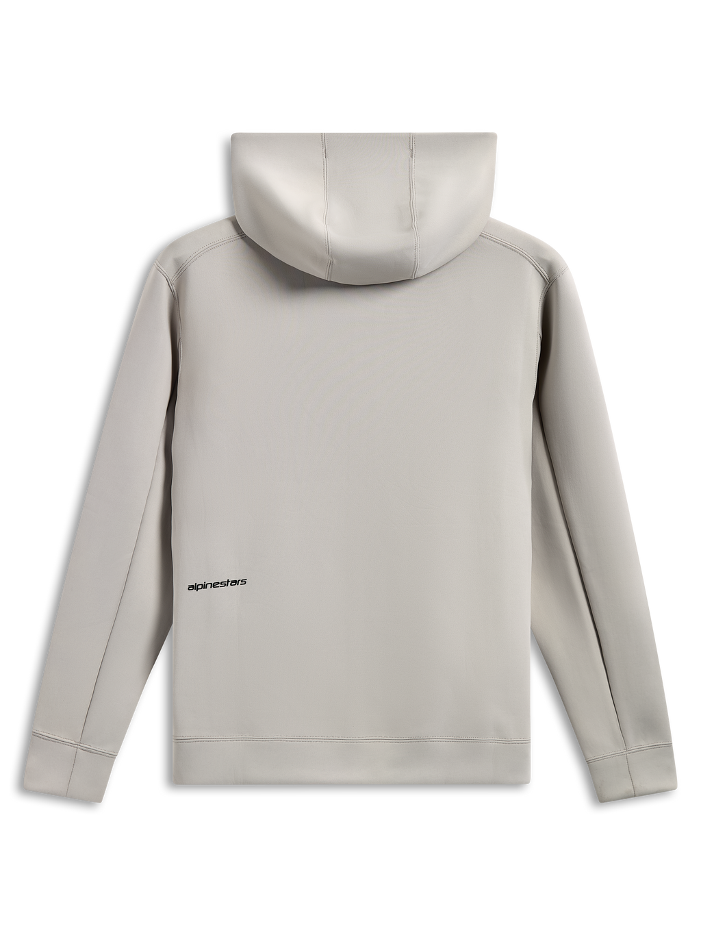 Sweat à capuche Alpinestars Cypher, vue de dos, gris ciment, polaire double face tri-mélange, petit logo Alpinestars noir dans le bas du dos, capuche doublée en mesh, style streetwear décontracté inspiré du sport automobile