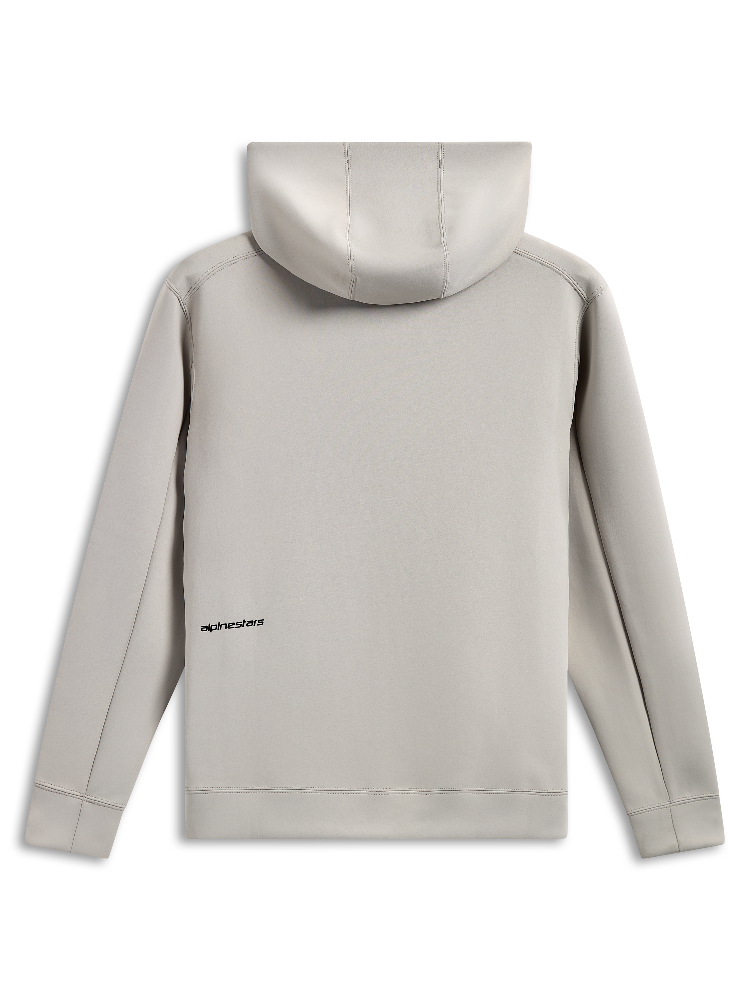 Sweat à capuche Alpinestars Cypher, vue de dos, gris ciment, polaire double face tri-mélange, petit logo Alpinestars noir dans le bas du dos, capuche doublée en mesh, style streetwear décontracté inspiré du sport automobile