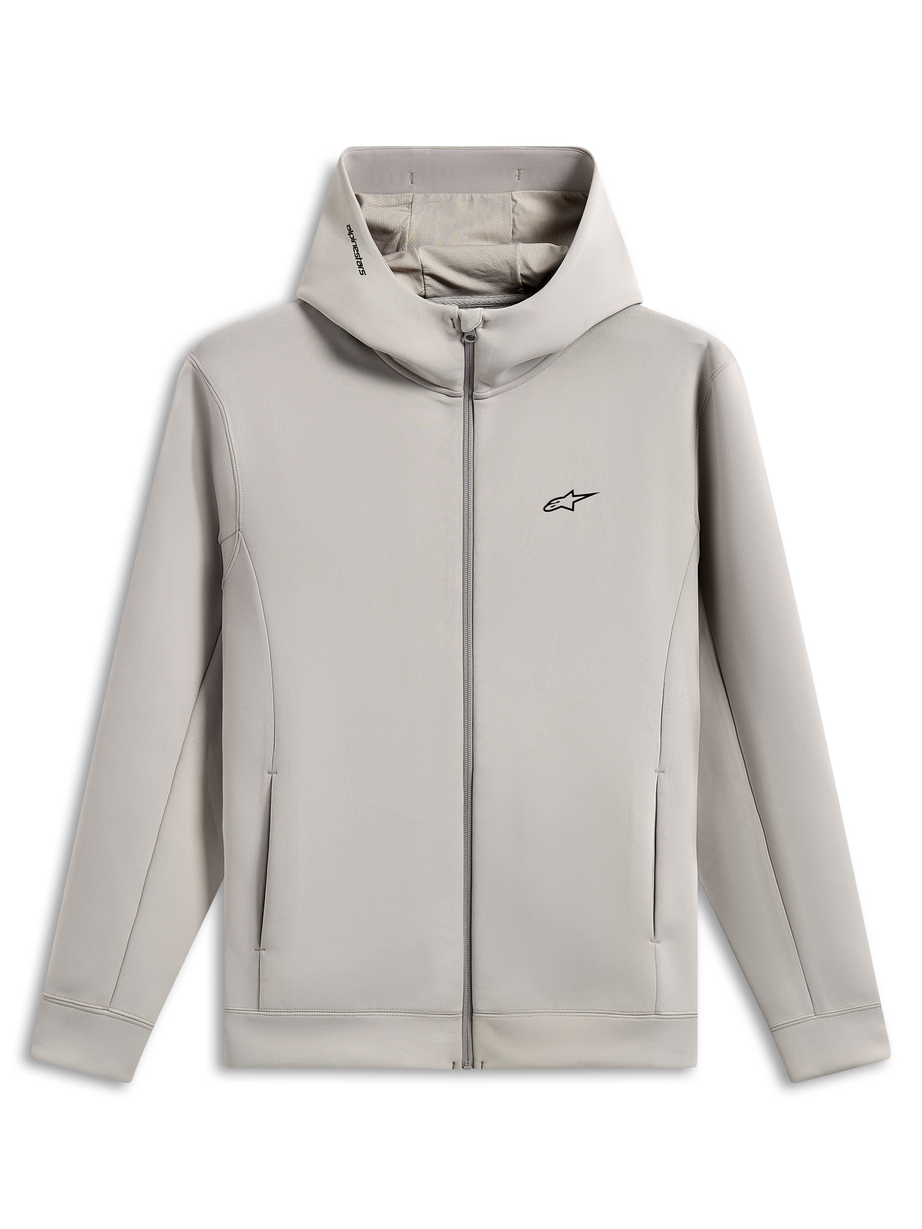 Sweat à capuche Alpinestars Cypher, sweat à capuche zippé en polaire double face, gris ciment, avec un logo Astars noir sur la poitrine, capuche à col haut doublée de mesh avec logo Alpinestars, poches sur les coutures, design sportswear décontracté