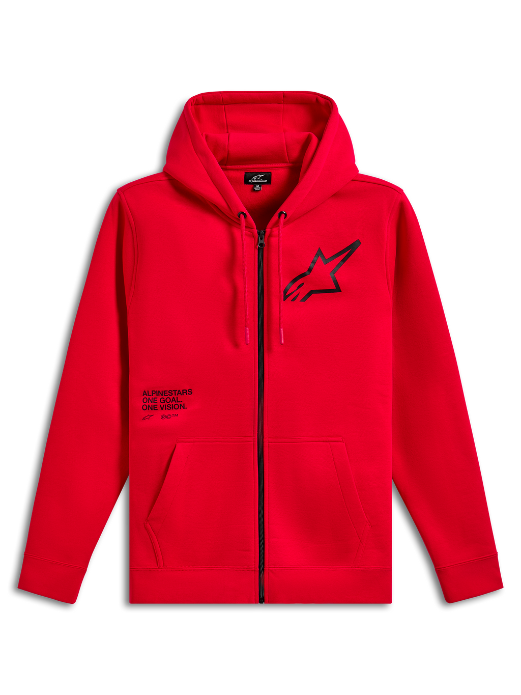 Sweat à capuche Alpinestars Transverse, sweat à capuche en polaire zippé, rouge, logo Astars noir sur la poitrine avec impression du texte One Goal One Vision, capuche à cordon de serrage, poches kangourou, poignets et ourlet côtelés, streetwear motorsport décontracté