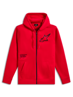 Sweat à capuche Alpinestars Transverse, sweat à capuche en polaire zippé, rouge, logo Astars noir sur la poitrine avec impression du texte One Goal One Vision, capuche à cordon de serrage, poches kangourou, poignets et ourlet côtelés, streetwear motorsport décontracté