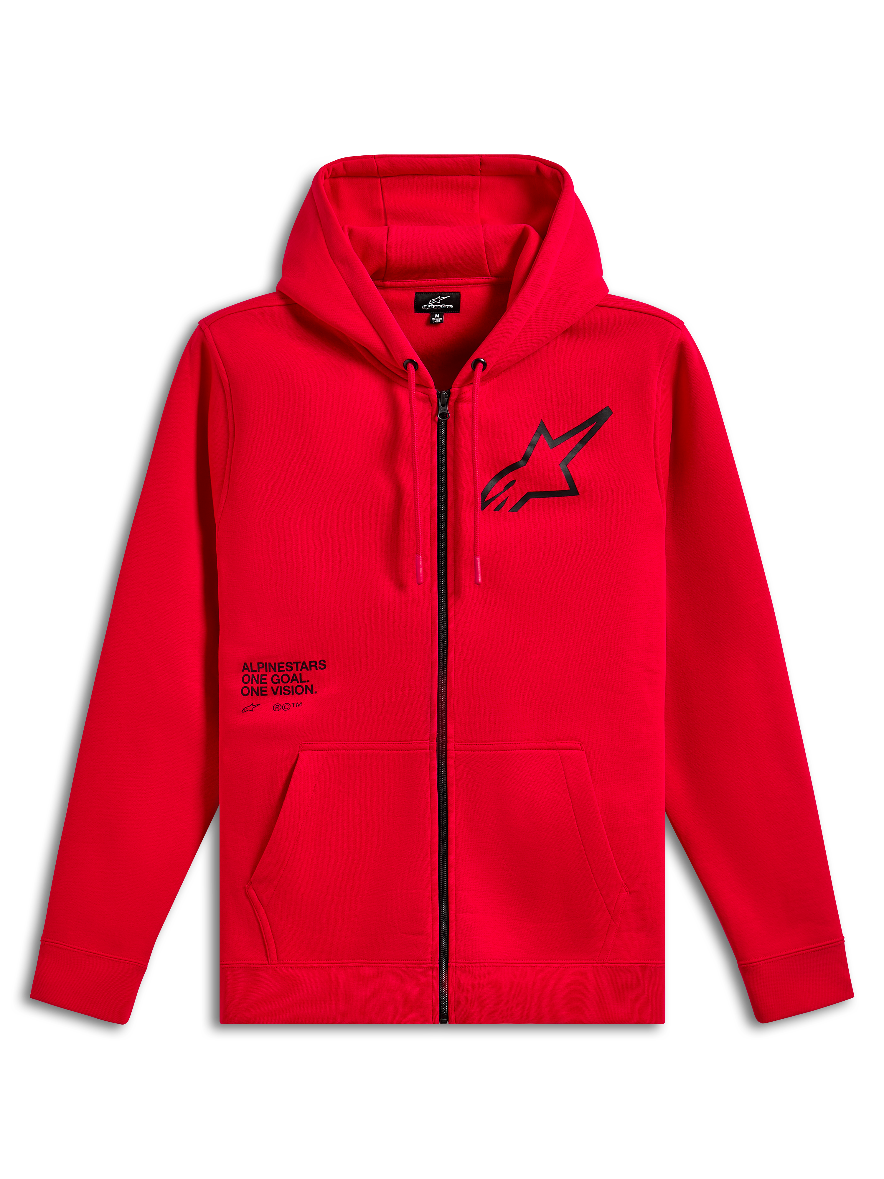 Sweat à capuche Alpinestars Transverse, sweat à capuche en polaire zippé, rouge, logo Astars noir sur la poitrine avec impression du texte One Goal One Vision, capuche à cordon de serrage, poches kangourou, poignets et ourlet côtelés, streetwear motorsport décontracté