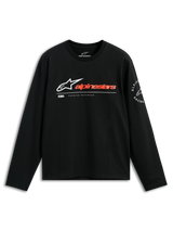 Alpinestars Mandatory CSF Tee, Long Sleeve T-Shirt, Black, Front Astars Logo and Orange Alpinestars Wordmark, Alpine Racing Circle Logo on Sleeve, Casual Motorsport Streetwear