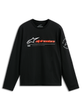 Alpinestars Mandatory CSF Tee, t-shirt à manches longues, noir, logo Astars blanc avec lettrage rouge orangé, graphique circulaire Alpinestars Racing sur la manche, streetwear décontracté motorsport