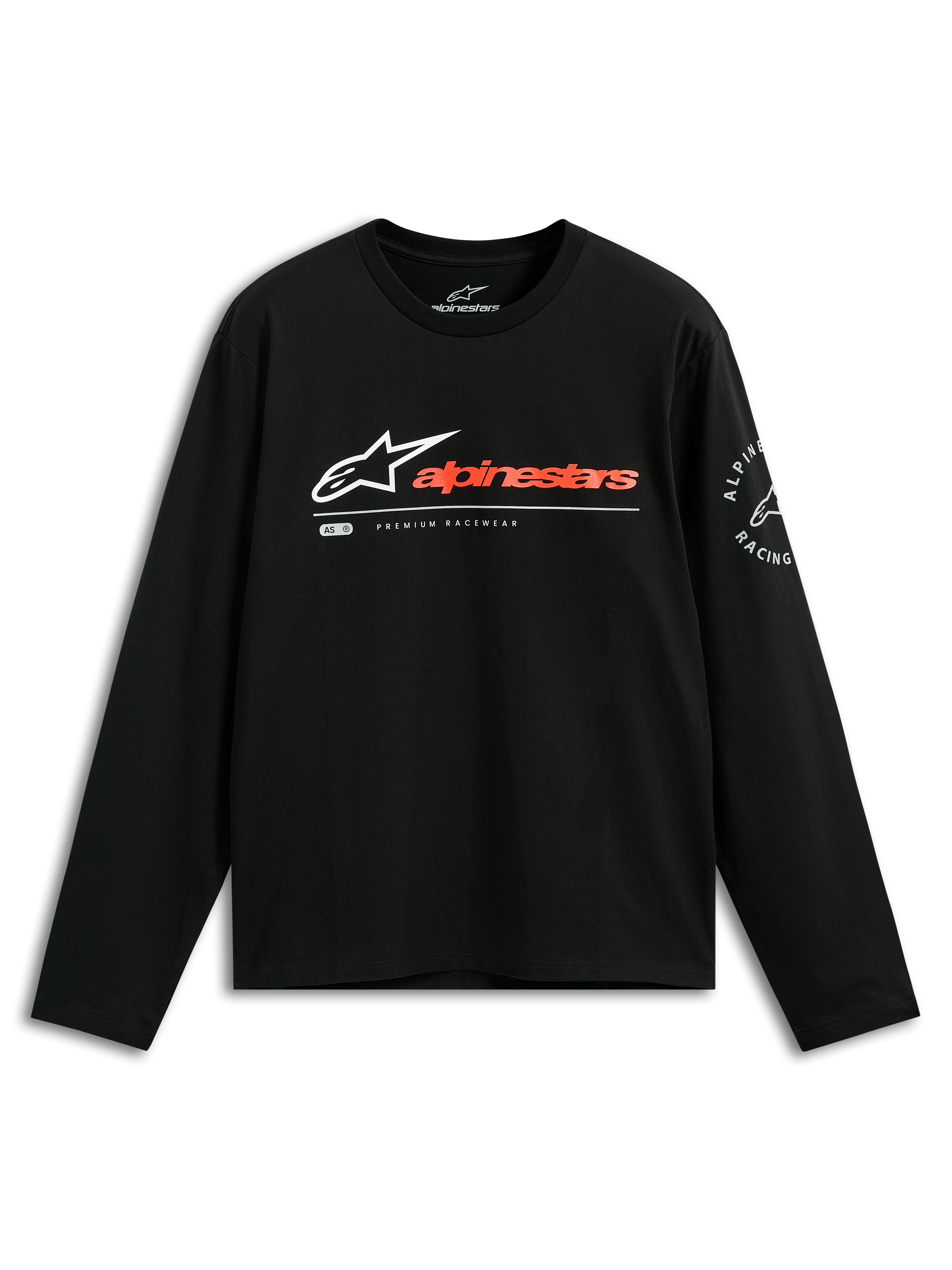 Alpinestars Mandatory CSF Tee, Long Sleeve T-Shirt, Black, White Astars Logo with Reddish-Orange Wordmark, Alpinestars Racing Circular Sleeve Graphic, Casual Motorsport Streetwear