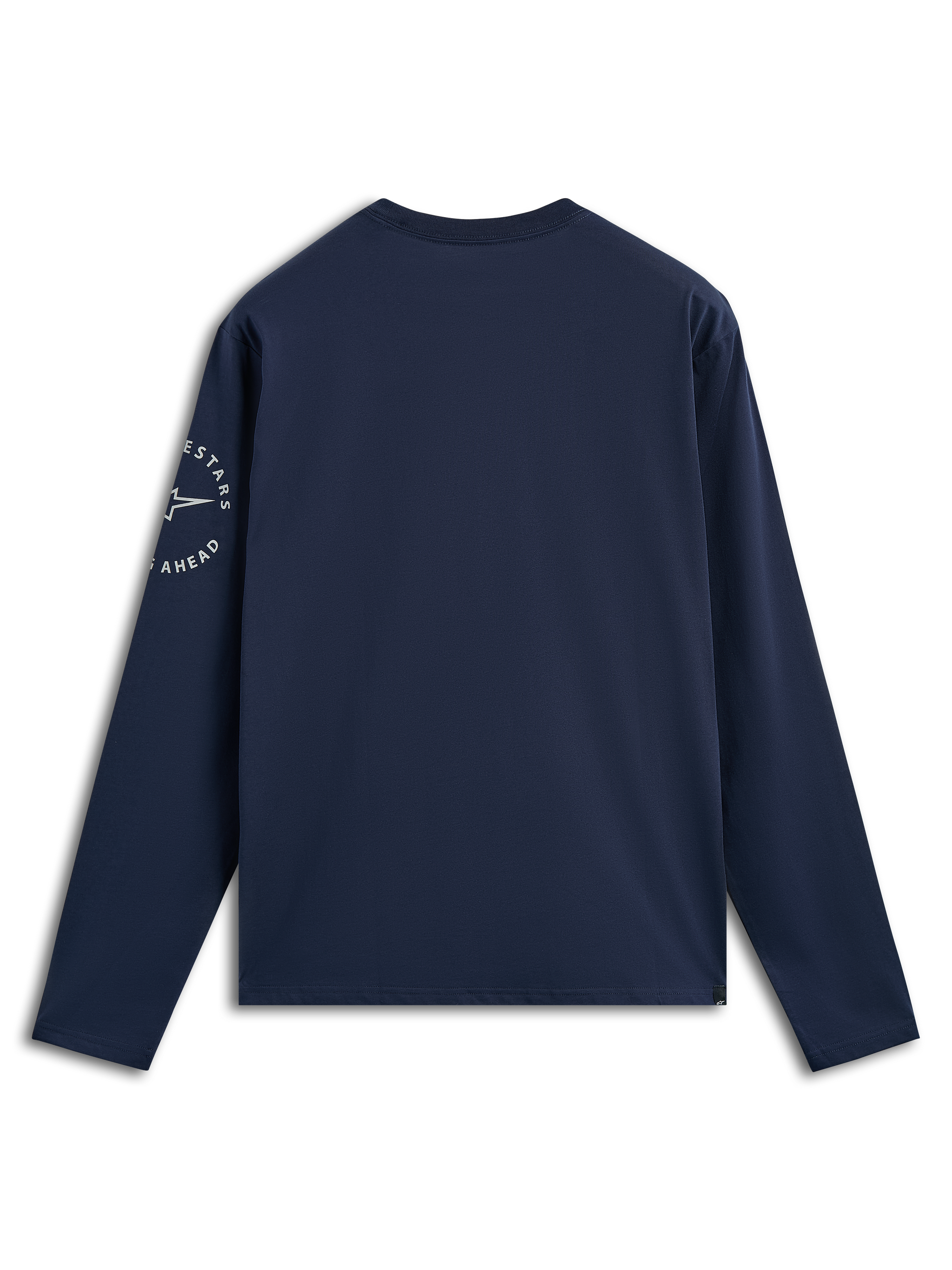 Alpinestars Mandatory CSF Tee, Long Sleeve T-Shirt, Navy Blue, back view showing white Astars circular logo on the left sleeve, casual motorsport-inspired streetwear