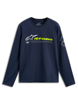 Alpinestars Mandatory CSF Tee, Long Sleeve T-Shirt, Navy Blue, White Astars Logo and Neon Yellow Alpinestars Text on Front, Circular Logo on Sleeve, Casual Motorsport Sportswear