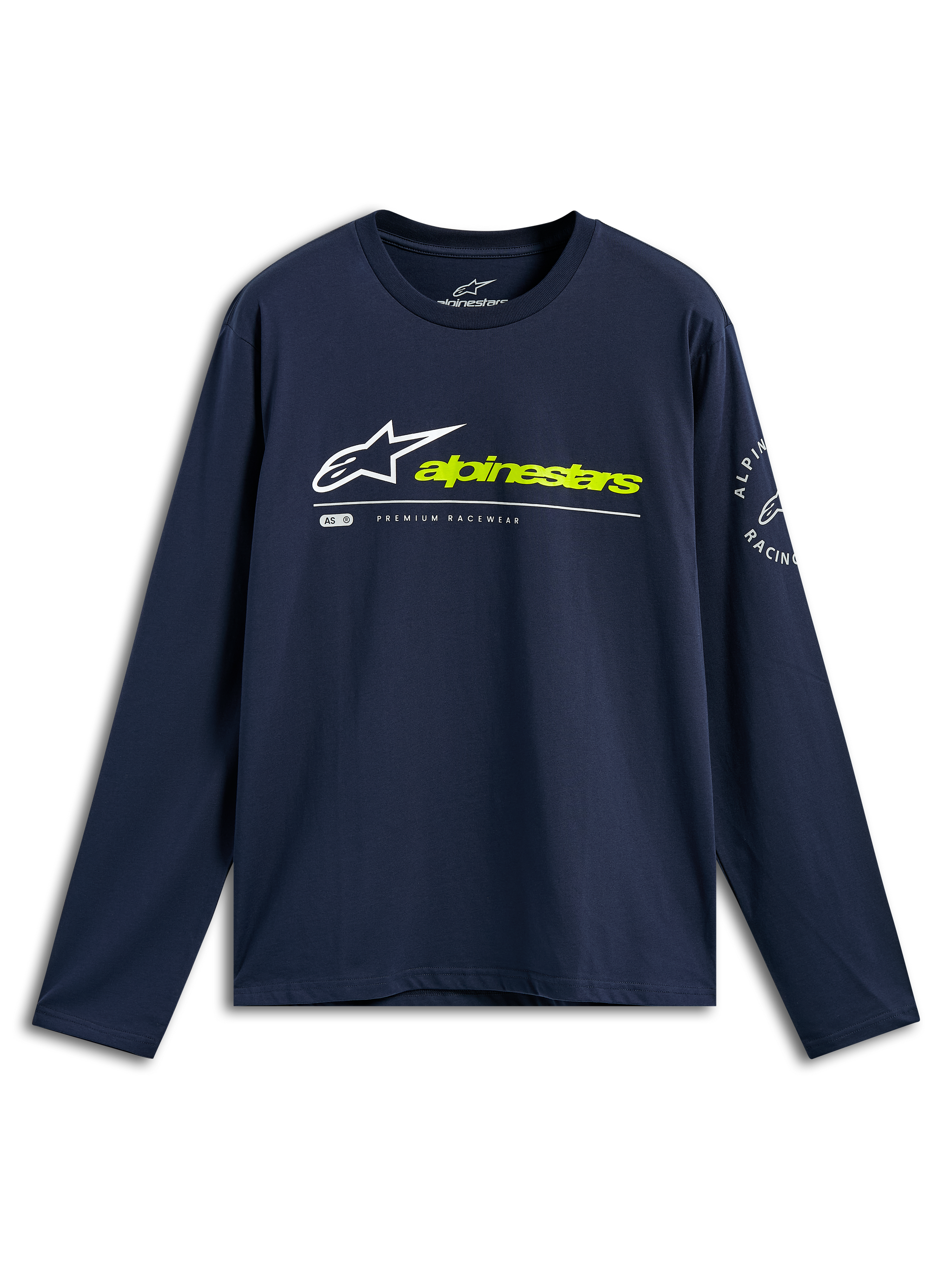 Alpinestars Mandatory CSF Tee, Long Sleeve T-Shirt, Navy Blue, White Astars Logo and Neon Yellow Alpinestars Text on Front, Circular Logo on Sleeve, Casual Motorsport Sportswear