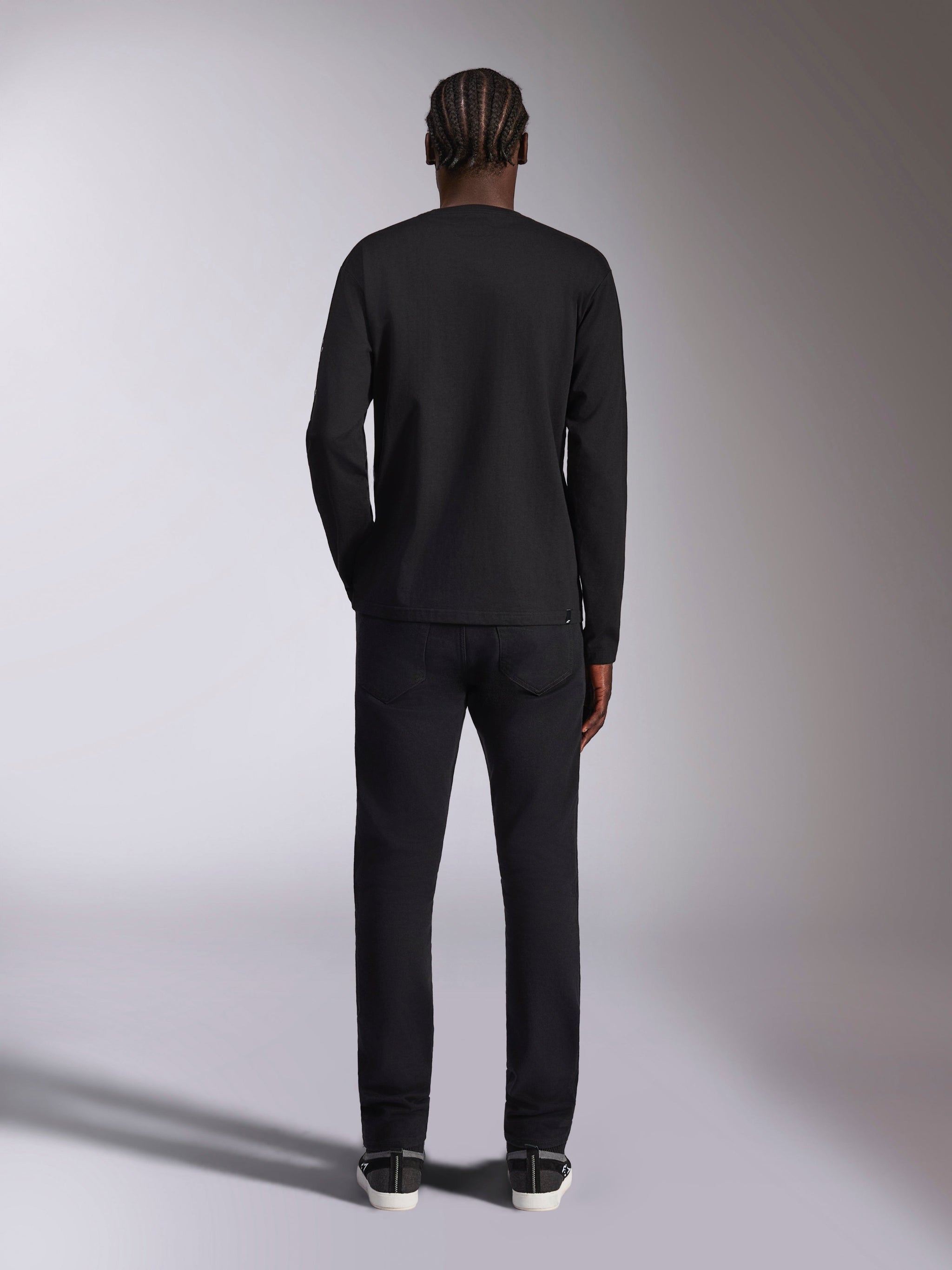 Alpinestars Mandatory CSF Tee, Long Sleeve T-Shirt, Black, back view of model wearing casual outfit with black pants, modern motorsport-inspired streetwear