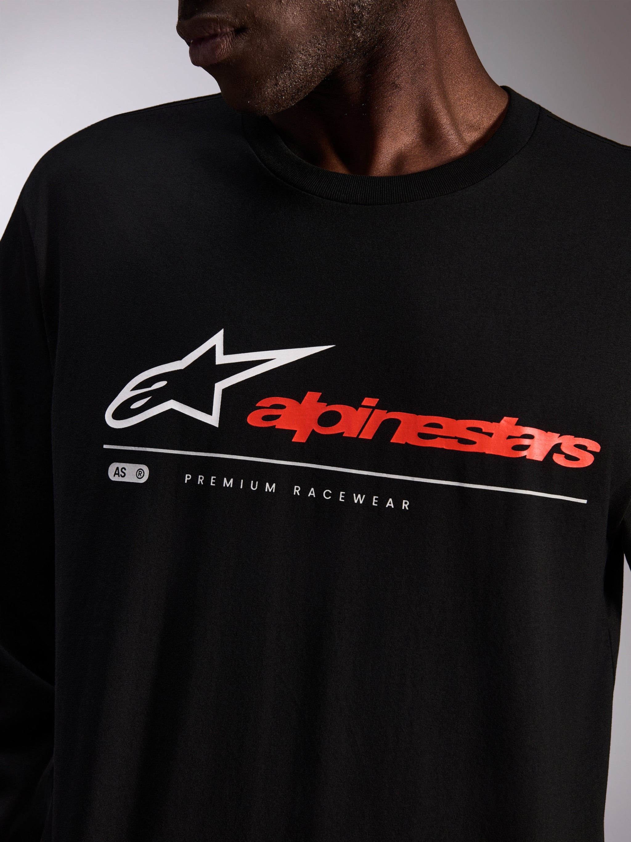 Alpinestars Mandatory CSF Tee, Long Sleeve T-Shirt, Black, chest graphic with white Astars logo and red Alpinestars wordmark, casual motorsport streetwear
