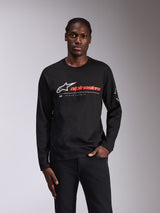 Alpinestars Mandatory CSF Tee, Long Sleeve T-Shirt, Black, front graphic with white Astars logo and red Alpinestars wordmark, circular logo on sleeve, casual motorsport streetwear
