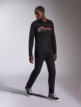 Alpinestars Mandatory CSF Tee, Long Sleeve T-Shirt, Black, White Astars Logo and Red Alpinestars Wordmark, worn by model with black pants and sneakers, casual motorsport streetwear