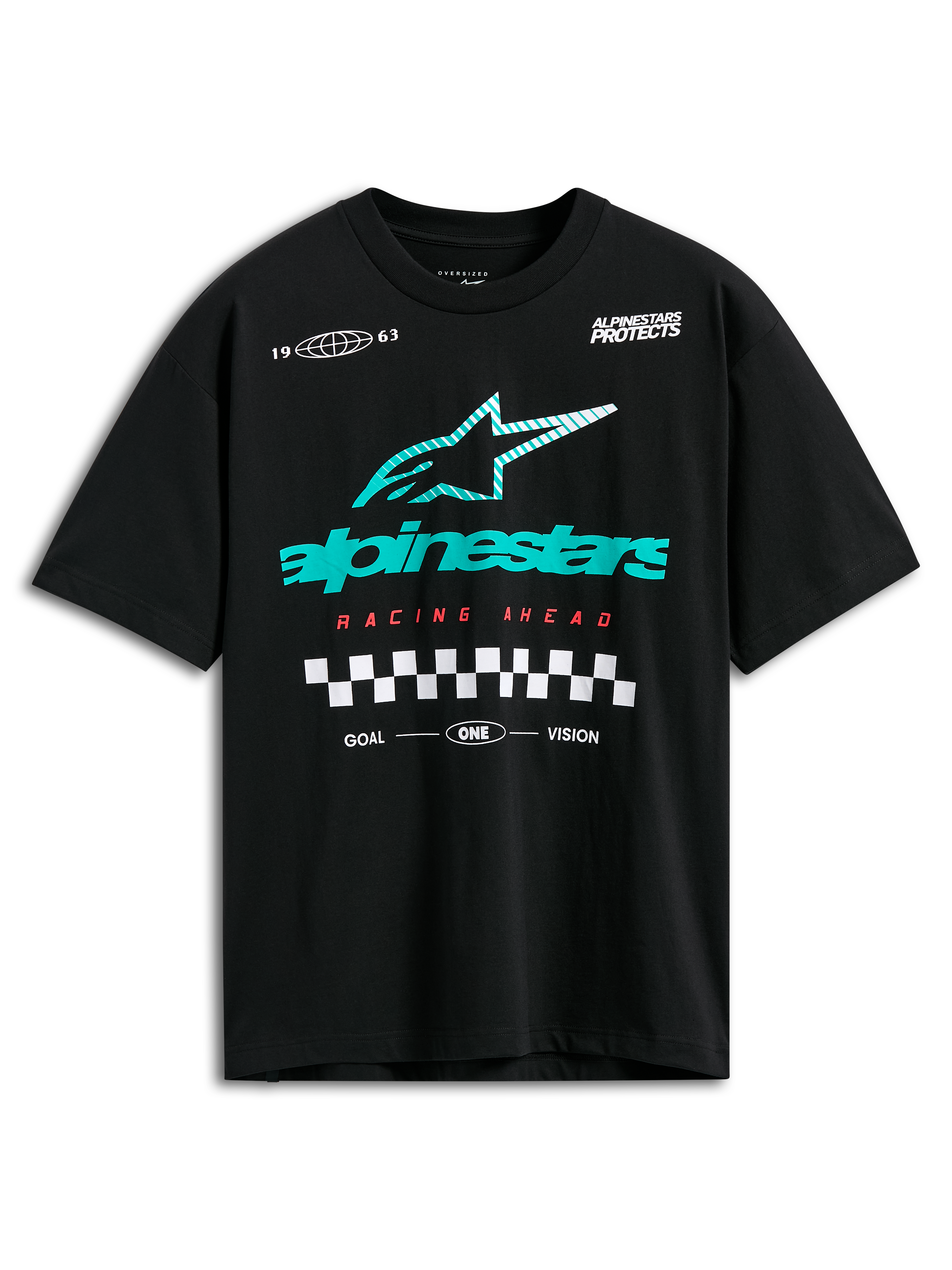 Alpinestars Aplomb Oversized CSF Tee, Short Sleeve T-Shirt, Black, Large Teal and White Striped Astars Logo, Red Racing Ahead Text and Checkered Graphic, Casual Motorsport Streetwear