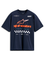 T-shirt Alpinestars Aplomb Oversized CSF, t-shirt à manches courtes, bleu marine, grand logo Alpinestars orange avec étoile à rayures et motif de drapeau à damier, streetwear motorsport décontracté