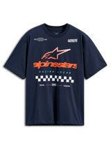 T-shirt Alpinestars Aplomb Oversized CSF, t-shirt à manches courtes, bleu marine, grand logo Alpinestars orange avec étoile à rayures et motif de drapeau à damier, streetwear motorsport décontracté