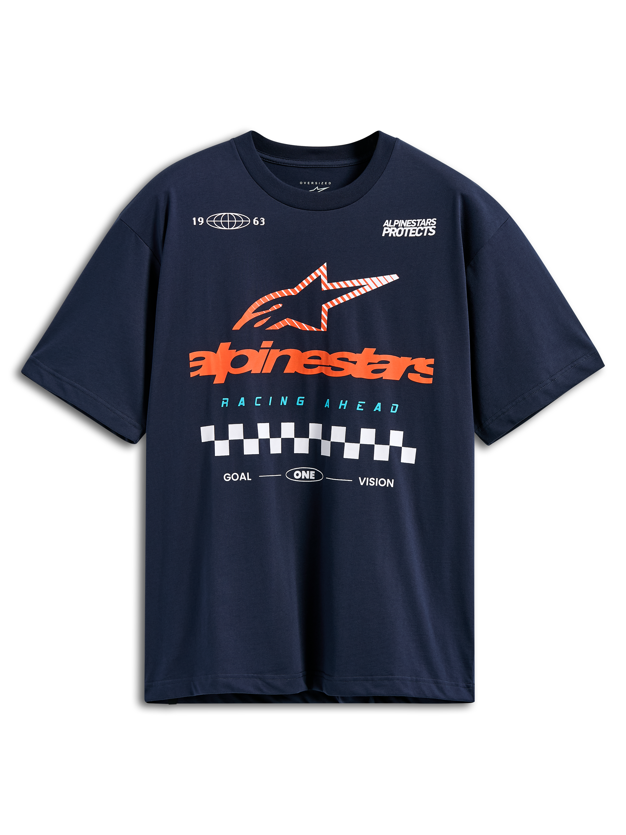 T-shirt Alpinestars Aplomb Oversized CSF, t-shirt à manches courtes, bleu marine, grand logo Alpinestars orange avec étoile à rayures et motif de drapeau à damier, streetwear motorsport décontracté