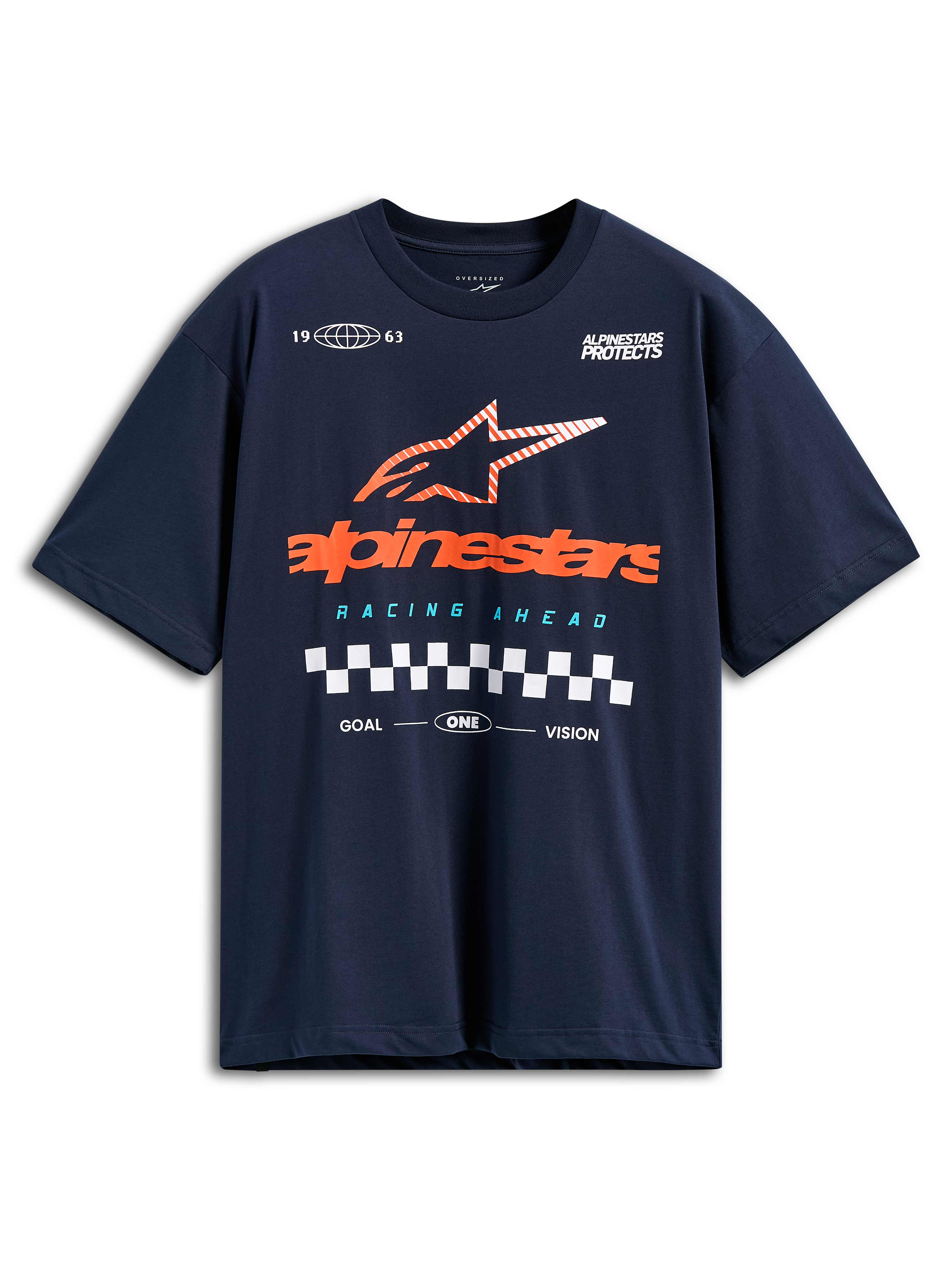 T-shirt Alpinestars Aplomb Oversized CSF, t-shirt à manches courtes, bleu marine, grand logo Alpinestars orange avec étoile à rayures et motif de drapeau à damier, streetwear motorsport décontracté