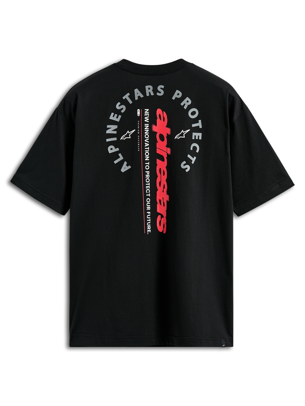 T-shirt Alpinestars Overhang Oversized CSF, t-shirt à manches courtes, noir, vue de dos avec logo vertical rouge et graphique gris « Alpinestars Protects », style streetwear motorsport décontracté