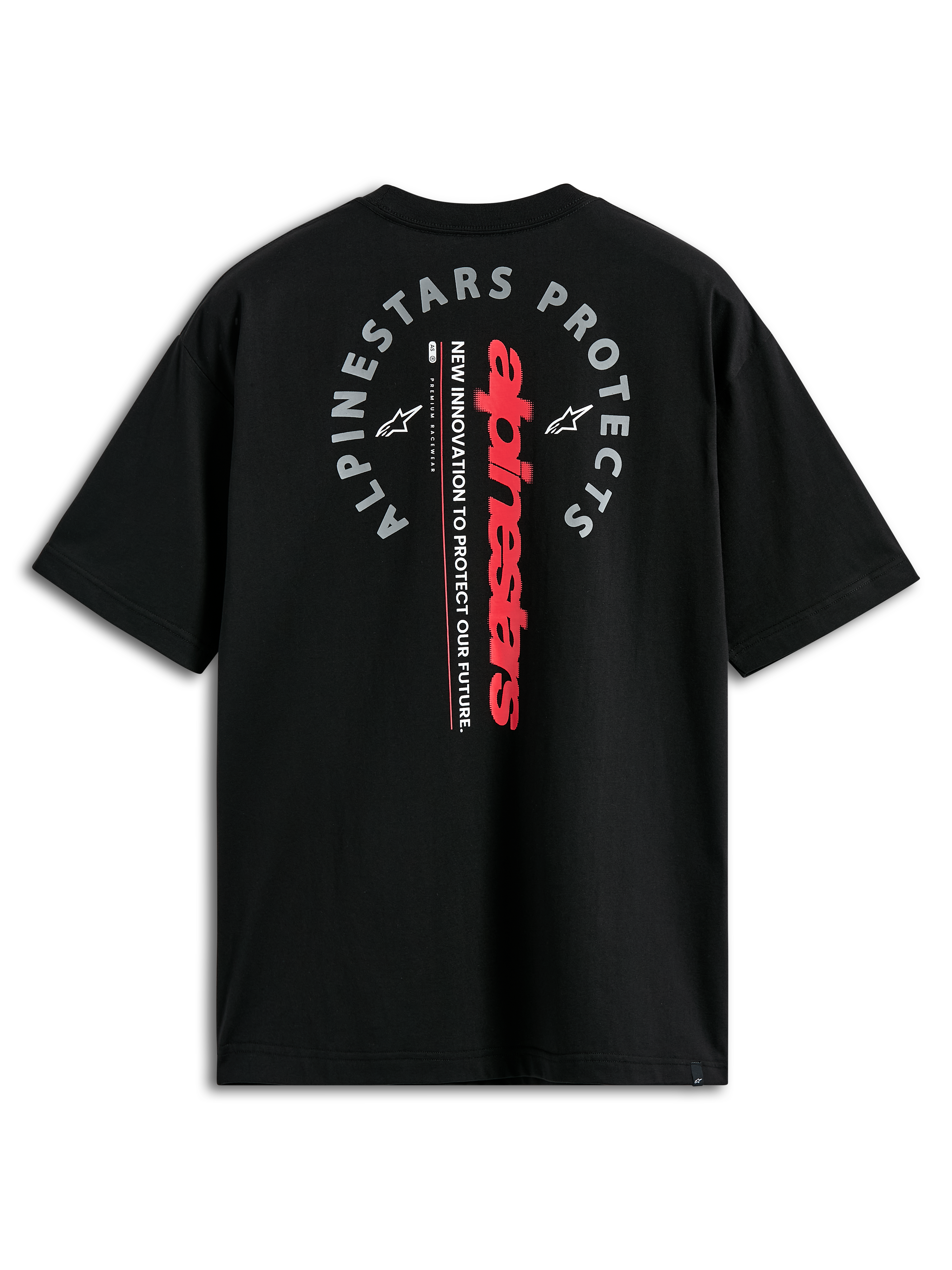 T-shirt Alpinestars Overhang Oversized CSF, t-shirt à manches courtes, noir, vue de dos avec logo vertical rouge et graphique gris « Alpinestars Protects », style streetwear motorsport décontracté