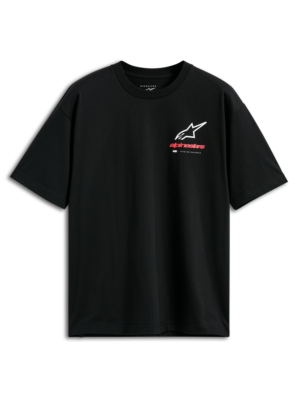 T-shirt Alpinestars Overhang Oversized CSF, t-shirt à manches courtes, noir, logo Astars blanc et rouge avec marquage « Premium Racewear » sur le devant, coupe surdimensionnée, streetwear décontracté