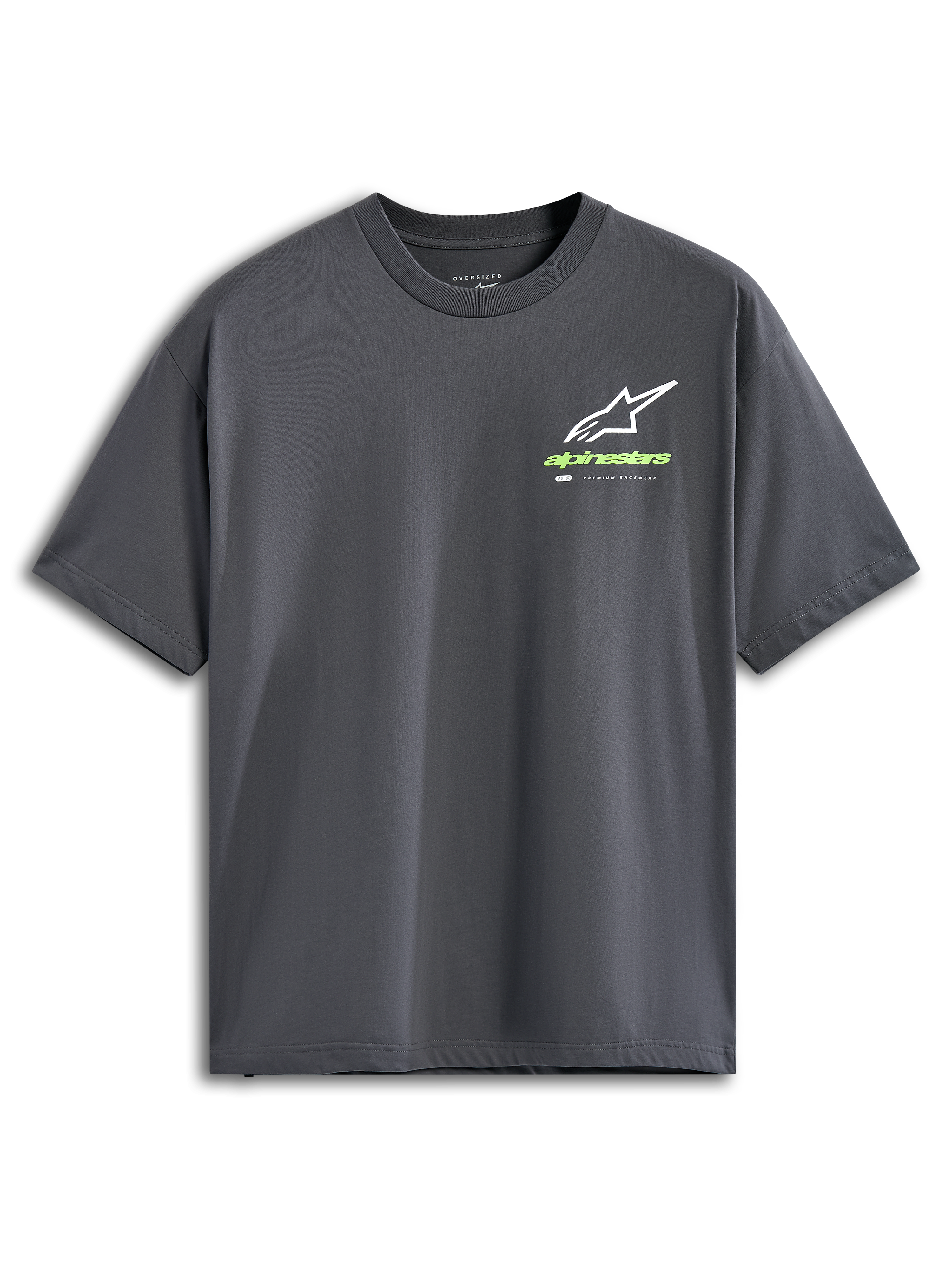 Alpinestars Overhang Oversized CSF Tee, Short Sleeve T-Shirt, Charcoal Gray, White Astars Logo with Lime Green Wordmark, Casual Motorsport Streetwear