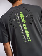 Alpinestars Overhang Oversized CSF Tee, Short Sleeve T-Shirt, Charcoal Gray, back view featuring a large vertical lime green logo and black Alpinestars Protects graphic, casual motorsport-inspired sportswear
