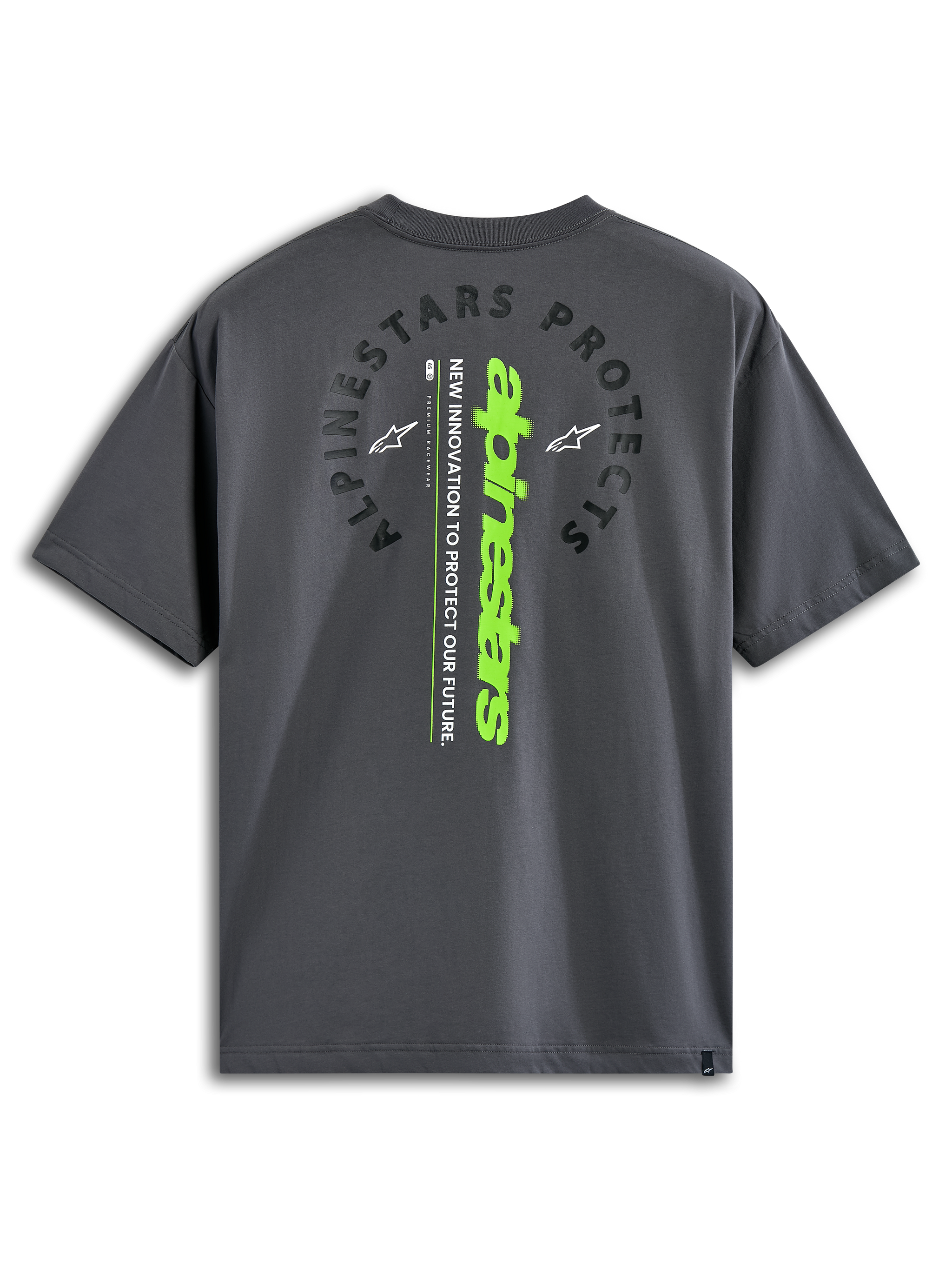 Alpinestars Overhang Oversized CSF Tee, T-shirt à manches courtes, gris anthracite, vue arrière avec texte « Alpinestars Protects » en arche et logo vertical vert lime, streetwear décontracté inspiré par le sport automobile