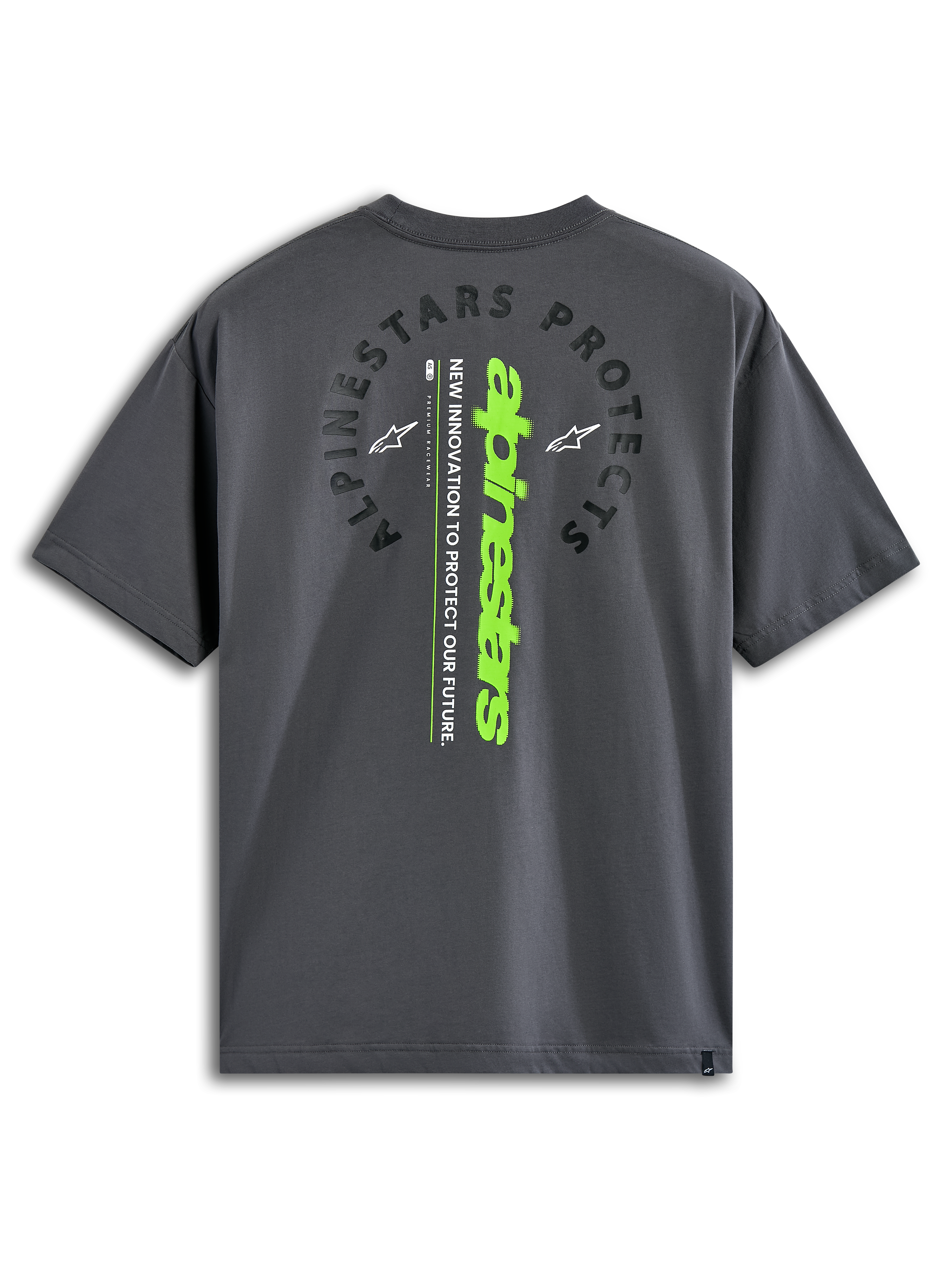 Alpinestars Overhang Oversized CSF Tee, Short Sleeve T-Shirt, Charcoal, Back view featuring arched 'Alpinestars Protects' text and a vertical lime green wordmark, casual motorsport-inspired streetwear