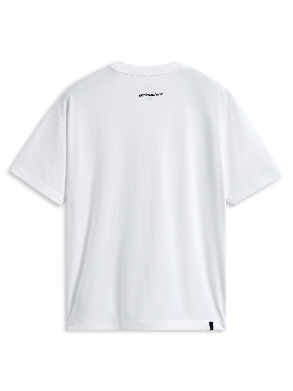 T-shirt Alpinestars Focused Oversized CSF, t-shirt à manches courtes, blanc, vue de dos présentant un petit logo Alpinestars noir sur la nuque et une étiquette externe à l'ourlet, style streetwear motorsport décontracté