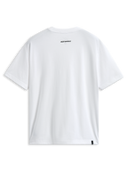 T-shirt Alpinestars Focused Oversized CSF, t-shirt à manches courtes, blanc, vue de dos présentant un petit logo Alpinestars noir sur la nuque et une étiquette externe à l'ourlet, style streetwear motorsport décontracté