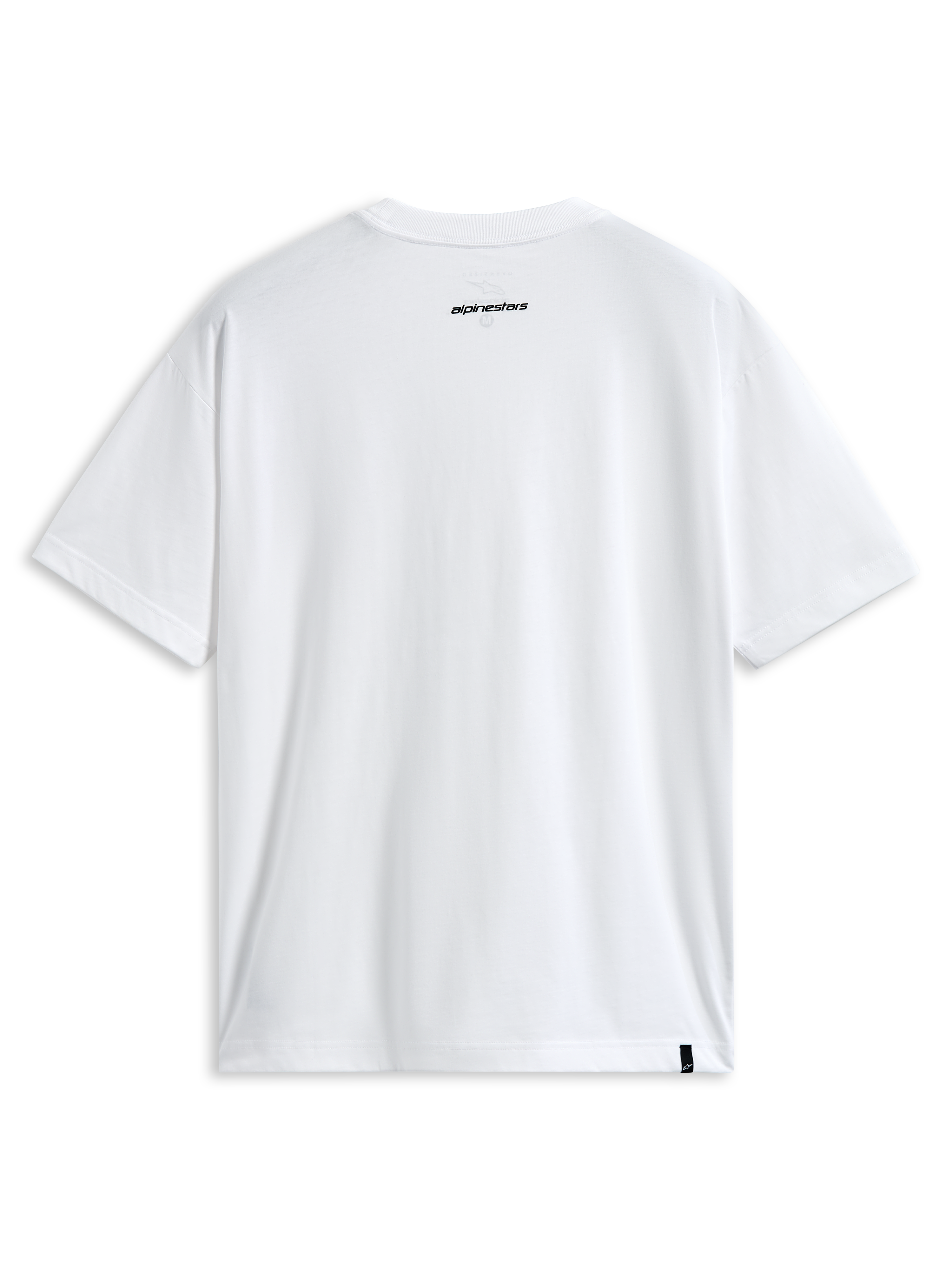 T-shirt Alpinestars Focused Oversized CSF, t-shirt à manches courtes, blanc, vue de dos présentant un petit logo Alpinestars noir sur la nuque et une étiquette externe à l'ourlet, style streetwear motorsport décontracté