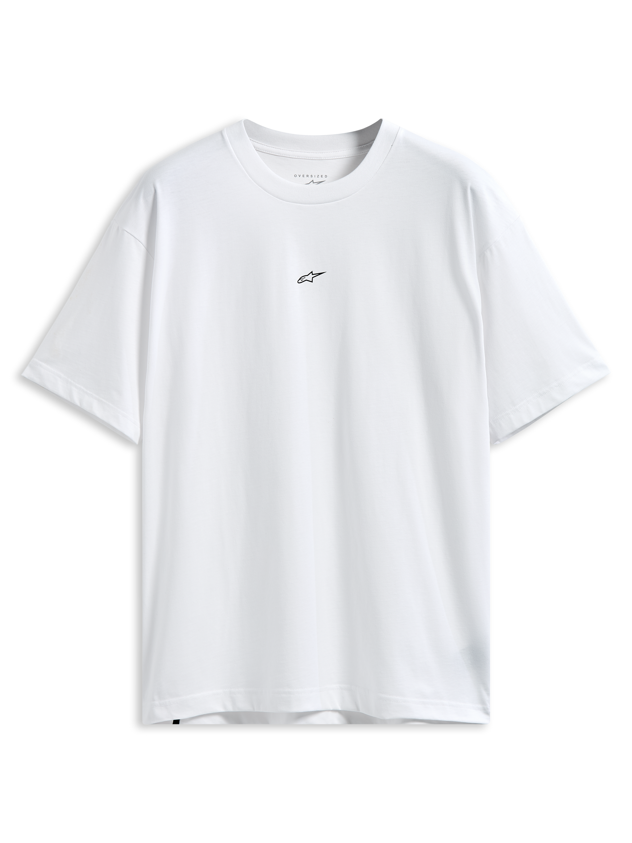 T-shirt Alpinestars Focused Oversized CSF, t-shirt à manches courtes, blanc, petit logo Astars noir sur la poitrine, coupe décontractée surdimensionnée, streetwear motorsport décontracté