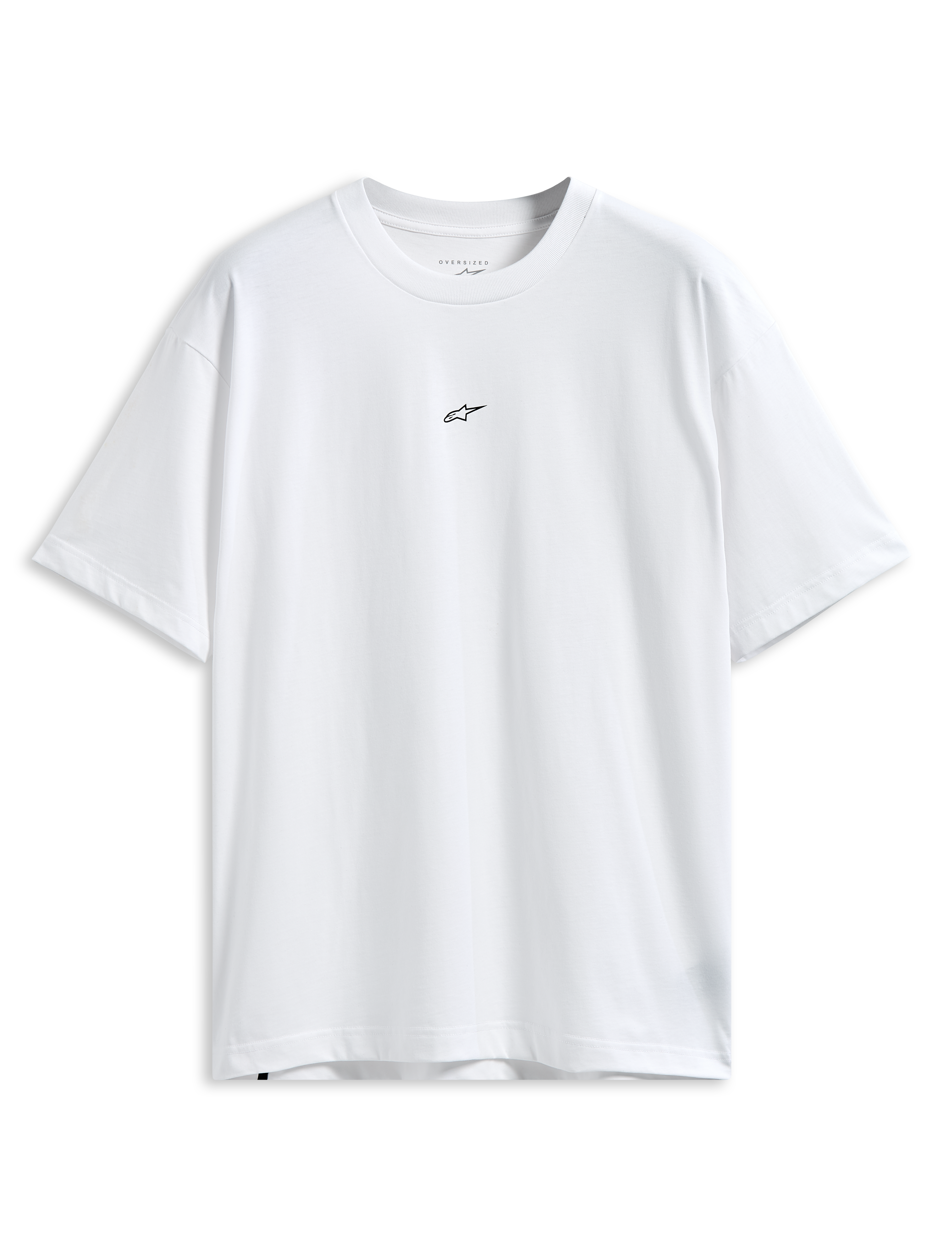T-shirt Alpinestars Focused Oversized CSF, t-shirt à manches courtes, blanc, petit logo Astars noir sur la poitrine, coupe décontractée surdimensionnée, streetwear motorsport décontracté