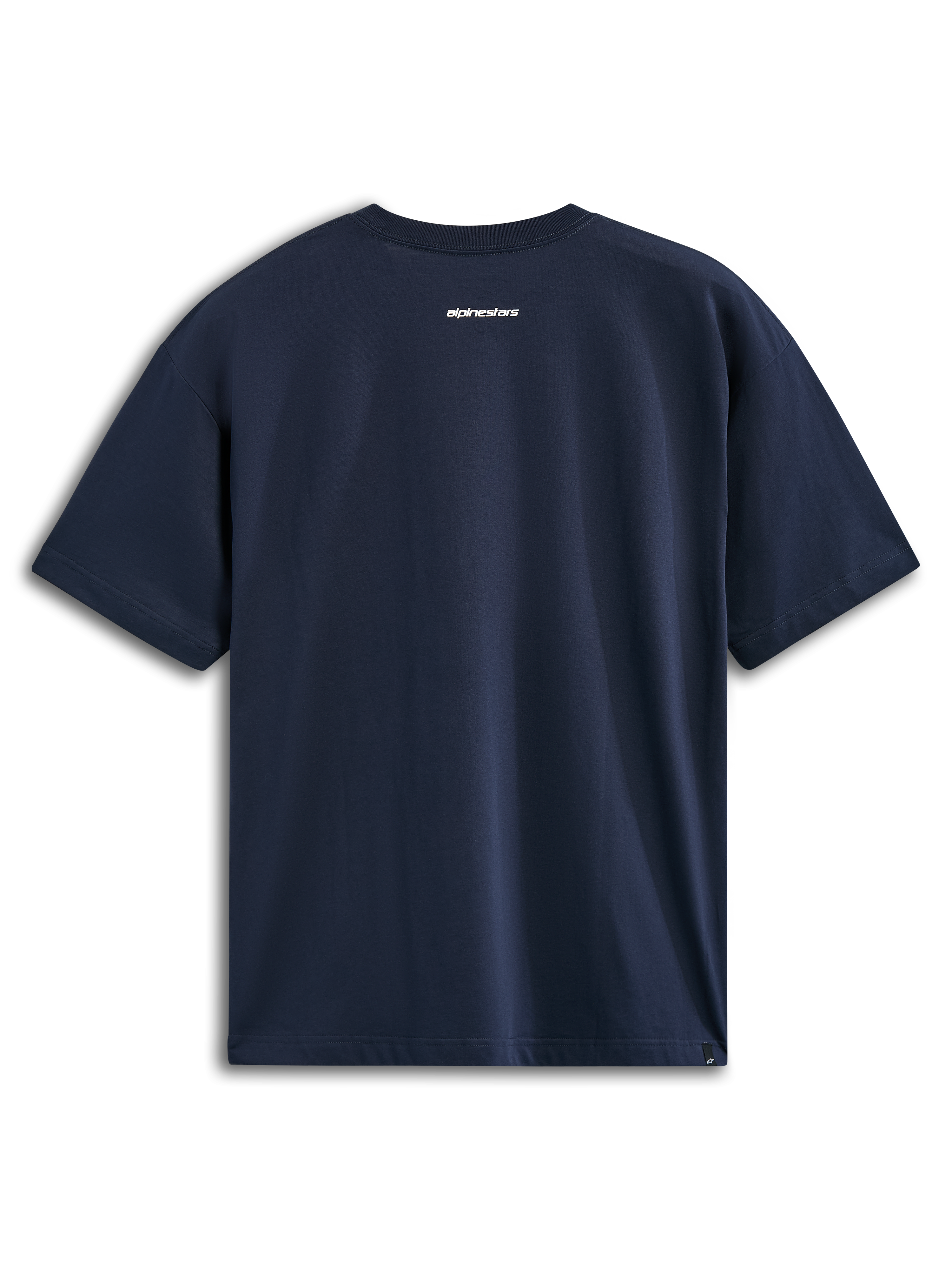 Alpinestars Focused Oversized CSF Tee, t-shirt à manches courtes, bleu marine, vue arrière avec petit logo Alpinestars blanc, streetwear motorsport décontracté