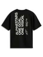 Alpinestars One Oversized CSF Tee, t-shirt à manches courtes, noir, vue arrière avec texte vertical blanc 'ALPINESTARS ONE GOAL. ONE VISION.' et logo Astars, style streetwear motorsport décontracté