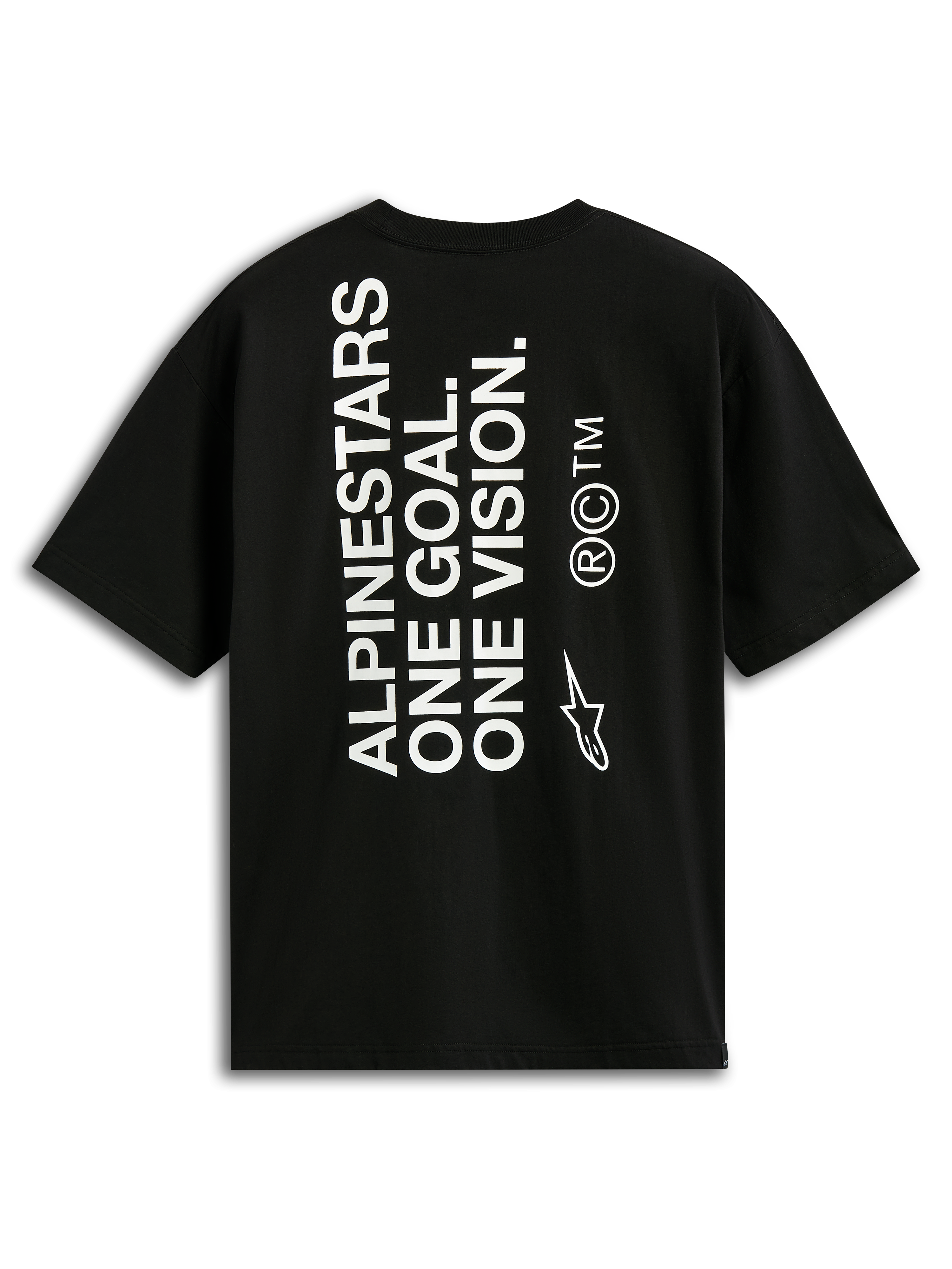 Alpinestars One Oversized CSF Tee, t-shirt à manches courtes, noir, vue arrière avec texte vertical blanc 'ALPINESTARS ONE GOAL. ONE VISION.' et logo Astars, style streetwear motorsport décontracté