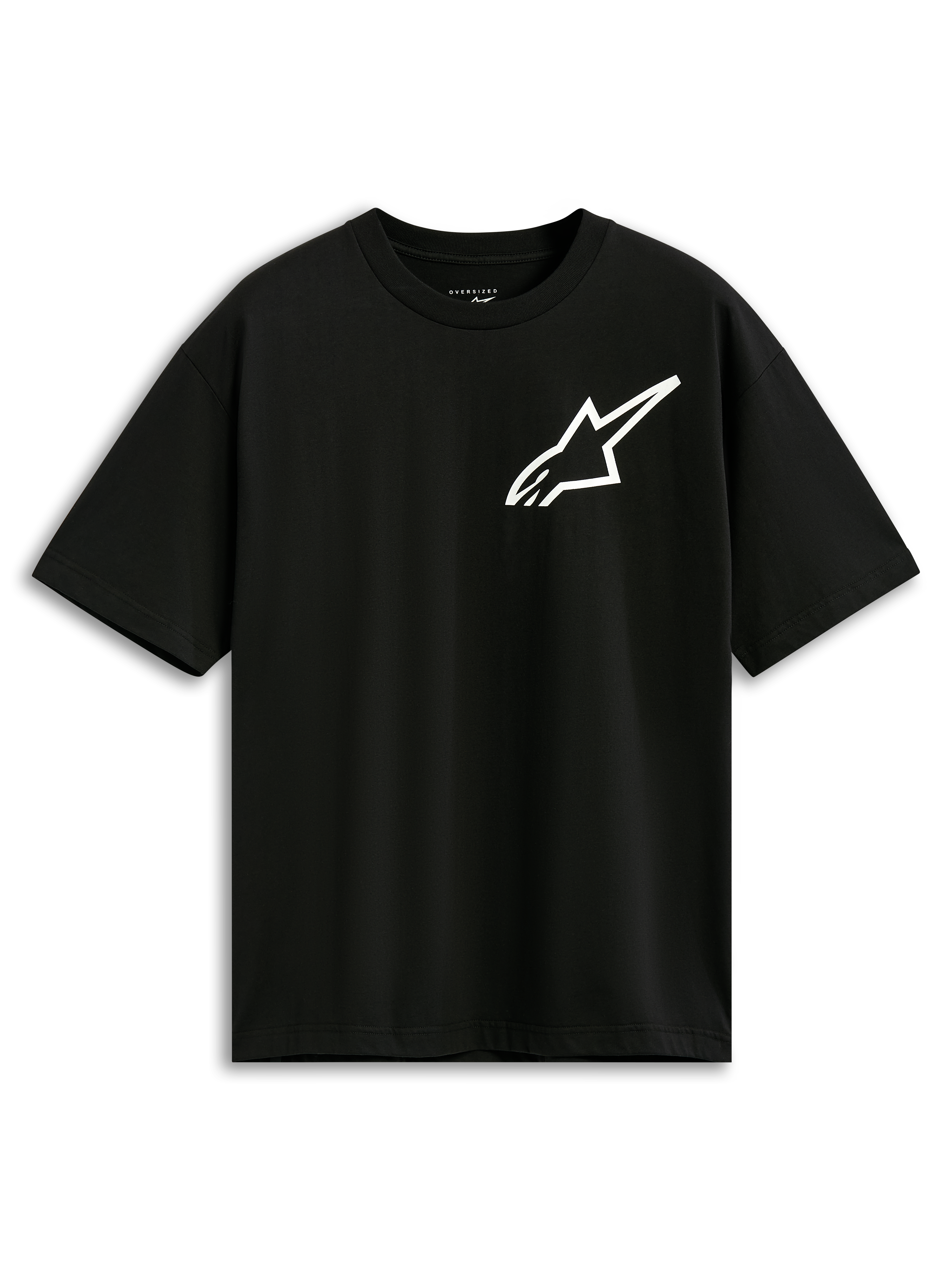 T-shirt Alpinestars One Oversized CSF, t-shirt à manches courtes, noir, logo Astars blanc sur la poitrine, coupe surdimensionnée, streetwear décontracté d'inspiration sport mécanique